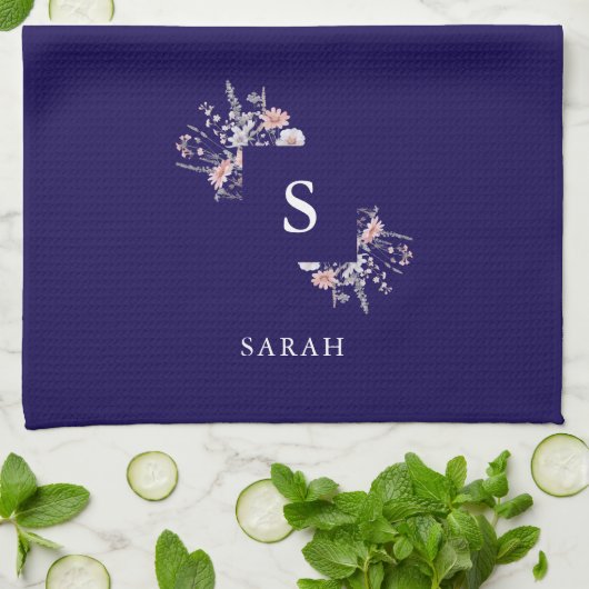 ネイビーモノグラムモダンイニシャルママティーディッシュ キッチンタオル (折り畳み)