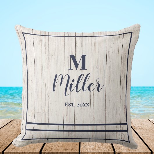 ネイビーモノグラム素朴ウッドファミリービーチハウス クッション