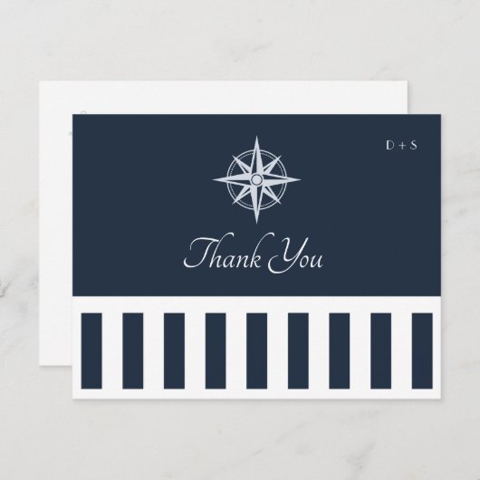 ネイビーモノ航海のグラムエレガントウェディングストライプ サンキューカード (正面/裏面)