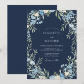 ネイビーヤグルマギクの葉のユーカリの結婚式 招待状 (正面/裏面)