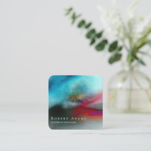 ネイビーユニークブルーとブルゴーニュの水彩抽象芸術 スクエア名刺 (スタンド正面)