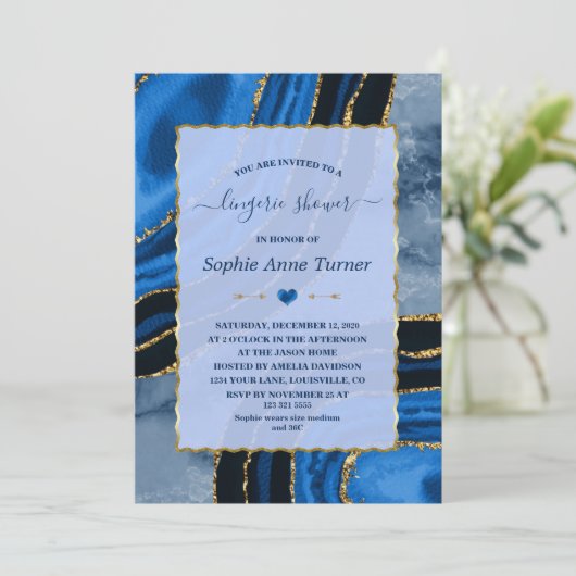 ネイビーユニークブルーアゲート金ゴールド大理石ランジェリーシャワー 招待状 (スタンド正面)