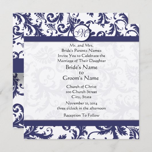 ネイビーライトダマススワーズ結婚式招待状 招待状 (正面/裏面)