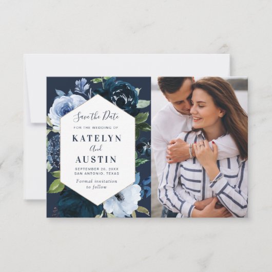 ネイビーライトブルーフローラウェディングは日付カードを保存 セーブザデート (正面)
