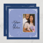 ネイビーライトブルーフローラ旋回フォトポスト結婚ズ 招待状 (正面/裏面)