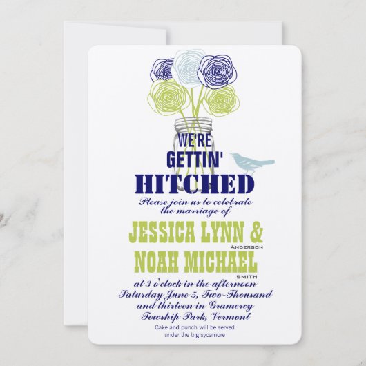 ネイビーライムブルー素朴ロマンチックバラメイスンジャー 招待状 (正面)