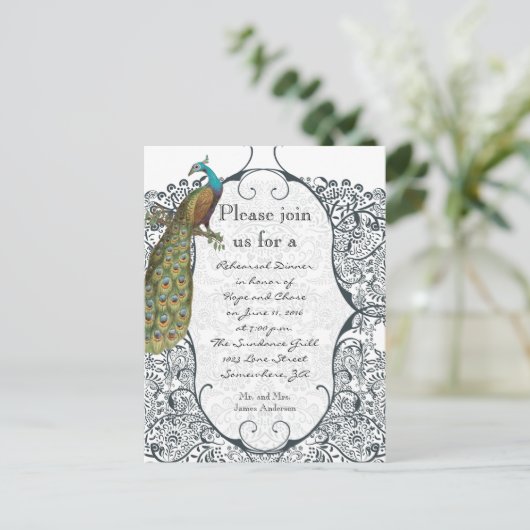 ネイビーラブバードダマスクリハーサルディナー招待状 インビテーションポストカード (スタンド正面)