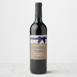 ネイビーリボンオンバーラップ&レース結婚ズ ワインラベル
