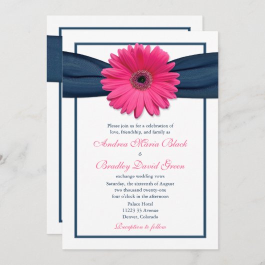ネイビーリボン付きピンクガーベラ結婚式招待状 招待状 (正面/裏面)