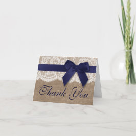 ネイビーリボンOn Burlap & Lace 結婚's Thank You サンキューカード