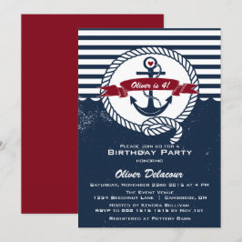 ネイビーレッドのラスティックな海軍風の子供の誕生日パーティー招待状 招待状