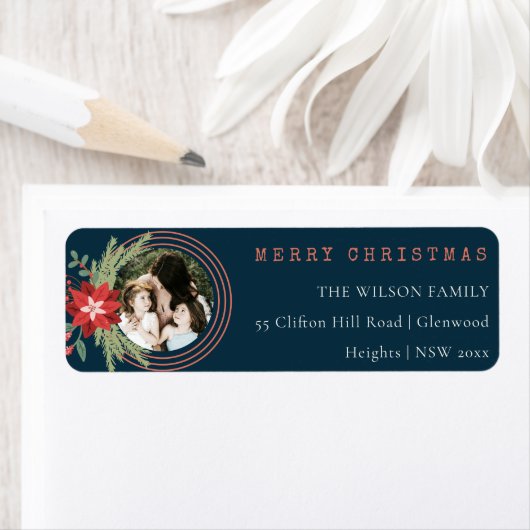 ネイビーレッドクリスマスサークル写真ポインセチアの住所 ラベル (インサイチュ)