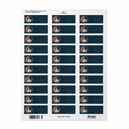 ネイビーレッドクリスマスサークル写真ポインセチアの住所 ラベル (フルシート)