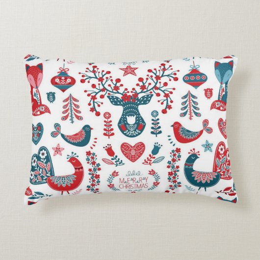 ネイビーレッドクリスマスススススススカンジナビアフォークアートデザイン アクセントクッション (正面)