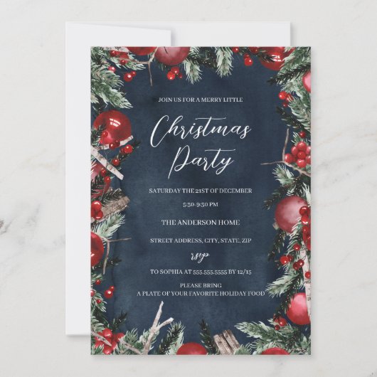 ネイビーレッドクリスマスリースフェスティバルフローラパーティー 招待状 (正面)