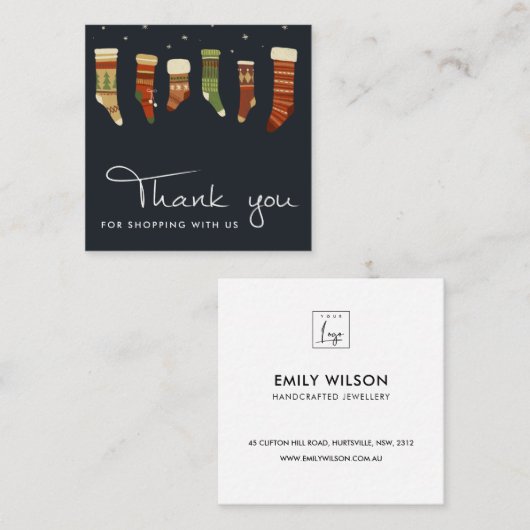 ネイビーレッドグリーンスタークリスマスストッキングありがとう スクエア名刺 (正面/裏面)