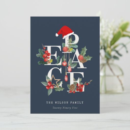ネイビーレッドグリーン白い平和クリスマスリーフの写真 シーズンカード (スタンド正面)