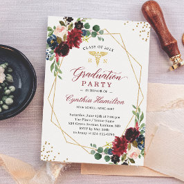 ネイビーレッドフローラ金ゴールド医学記号の卒業 招待状