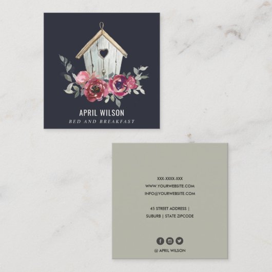 ネイビーレッドローズフローラウッドホームステイベッドブレックファースト スクエア名刺 (正面/裏面)