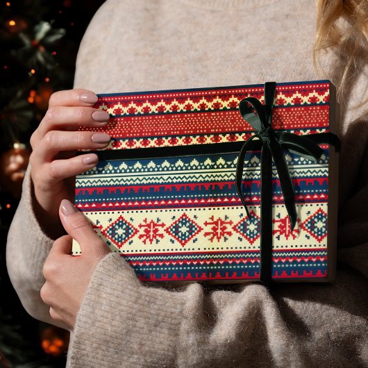 ネイビーレッド北欧の醜いクリスマスセーターギフトラップ ラッピングペーパー