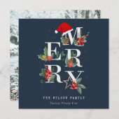 ネイビーレッド緑の白いメリークリスマスの葉写真 シーズンカード (正面/裏面)