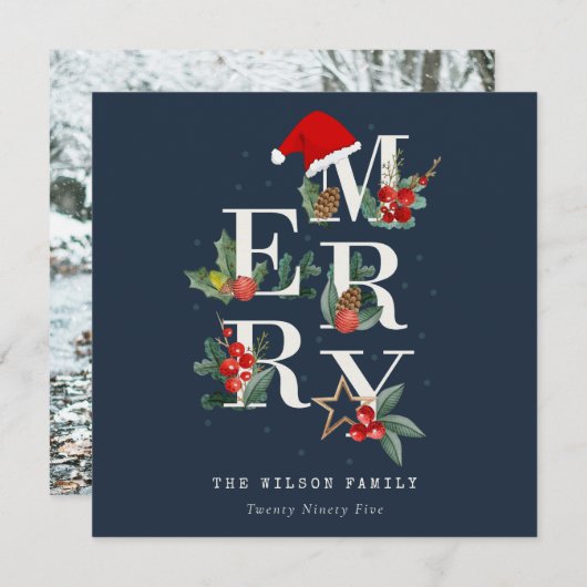 ネイビーレッド緑の白いメリークリスマスの葉写真 シーズンカード (正面/裏面)
