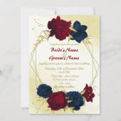 ネイビーレッド葉フラワーズ幾何結婚金ゴールド 招待状 (正面)