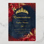 ネイビーレッド金ゴールドバタフライフローラキンセアニェラ 箔招待状 (正面)