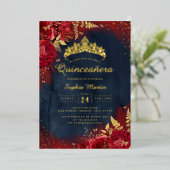 ネイビーレッド金ゴールドバタフライフローラキンセアニェラ 箔招待状 (立ち正面)