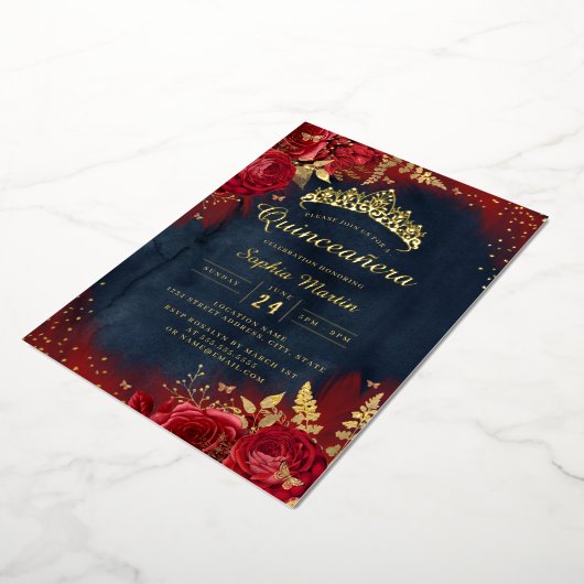 ネイビーレッド金ゴールドバタフライフローラキンセアニェラ 箔招待状 (回転した状態)