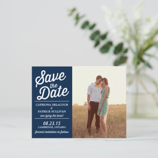 ネイビーレトロスクリプトフォトポストカードの保存 案内ポストカード (スタンド正面)