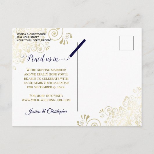 ネイビーレースのようブルーウェディングの金ゴールド日付写真を保存 案内ポストカード (裏面)