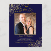 ネイビーレースのようブルーウェディングの金ゴールド日付写真を保存 案内ポストカード (正面)
