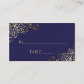 ネイビーレースのようブルーエレガントなウェディングエスコートカードの金ゴールド プレイスカード (正面)