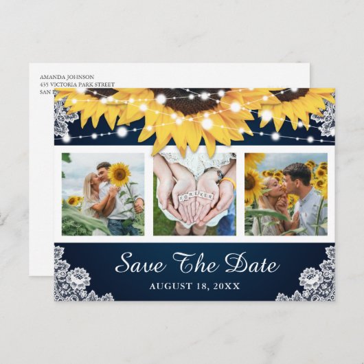 ネイビーレース結婚ヒマワリの写真保存日 案内ポストカード (正面/裏面)