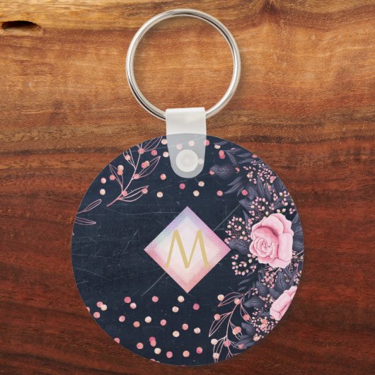 ネイビーロセゴルドモノグラムギフトガーリーフローラピンク キーホルダー (正面)