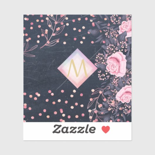 ネイビーロセゴルドモノグラムギフトガーリーフローラピンク シール (シート)