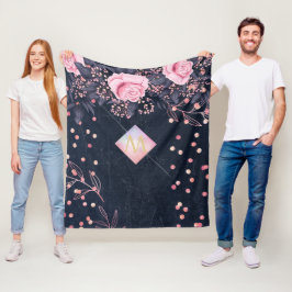 ネイビーロセゴルドモノグラムギフトガーリーフローラピンク フリースブランケット
