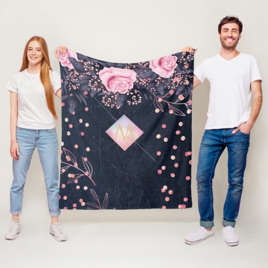 ネイビーロセゴルドモノグラムギフトガーリーフローラピンク フリースブランケット (インサイチュ)