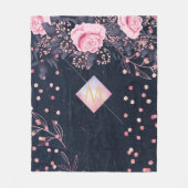 ネイビーロセゴルドモノグラムギフトガーリーフローラピンク フリースブランケット (正面)