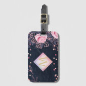 ネイビーロセゴルドモノグラムギフトガーリーフローラピンク ラゲッジタグ (正面縦)