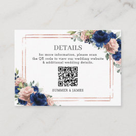 ネイビーローズゴールドブッシュフラワーの結婚式詳細QR エンクロージャーカード