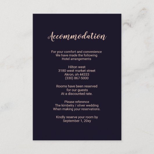 ネイビーローズゴールドモノグラム結婚式宿泊カード エンクロージャーカード (正面)
