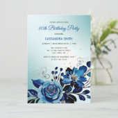 ネイビーローズ バタフライ ゴールドグリッター グリーン 誕生日 招待状 (スタンド正面)