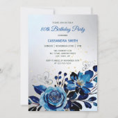 ネイビーローズ バタフライ ゴールド グリッター シルバー 誕生日 招待状 (正面)