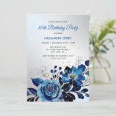 ネイビーローズ バタフライ ゴールド グリッター シルバー 誕生日 招待状 (スタンド正面)