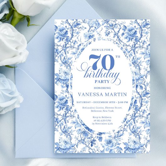ネイビーローズ フローラル エレガント 70歳の誕生日招待状 招待状