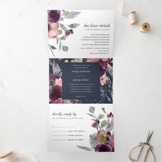 ネイビーワイルドパープル薄紫フローラ水の色結婚の 三つ折り招待状 (内部)