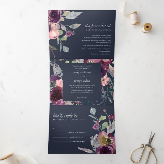 ネイビーワイルドパープル薄紫フローラ水の色結婚の 三つ折り招待状 (内部)