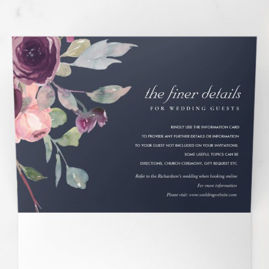 ネイビーワイルドパープル薄紫フローラ水の色結婚の 三つ折り招待状 (内部最初)